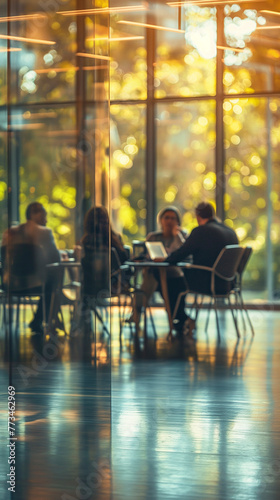 Immagine verticale di una riunione sfocata in un ufficio di vetro