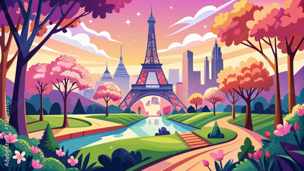 digital-paper-romantic-spring-paris landscape vector illustration 