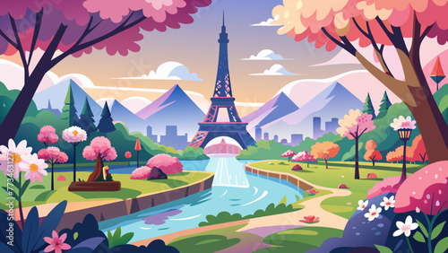 digital-paper-romantic-spring-paris landscape vector illustration 