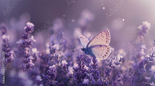 Ethereal Butterfly Dance: Lavender Flowers, Mist, and Sunlight in Dreamy Garden. Background © AndyPhoton
