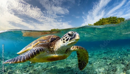 Close up of green sea turtle swimming near the surface of the ocean