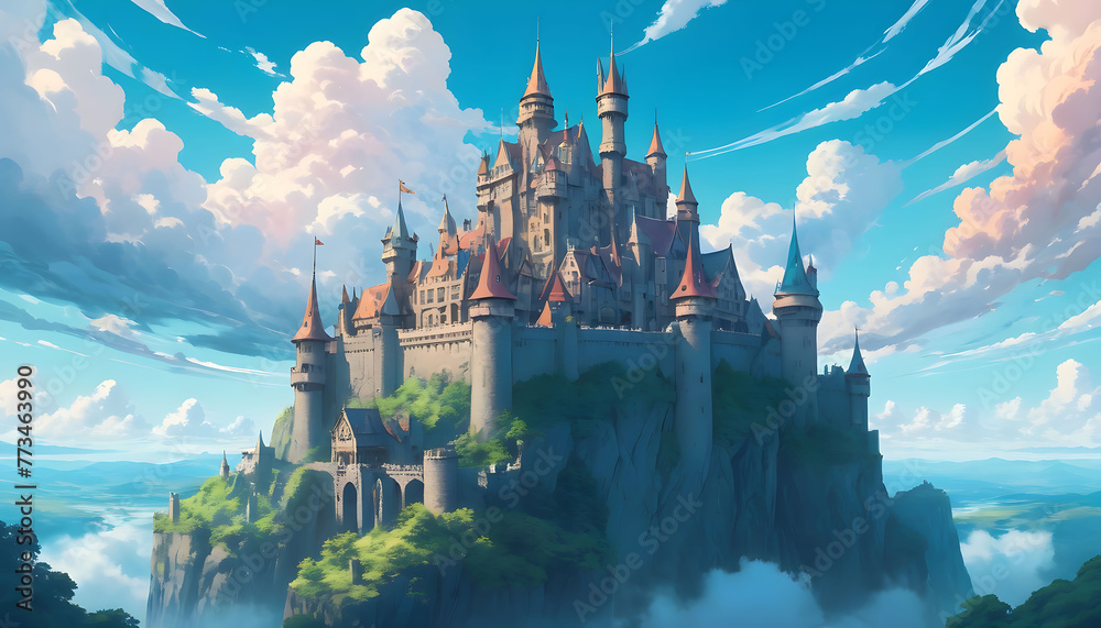 a castle in the sky, featured on pixiv, fantasy art, concept art, official art, high detailed - obrazy, fototapety, plakaty 