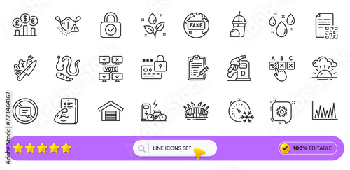 Rainy weather, Stop talking and Worms line icons for web app. Pack of Lock, Electric bike, Vaccine report pictogram icons. Fitness, Online voting, Cogwheel signs. Currency rate. Search bar. Vector