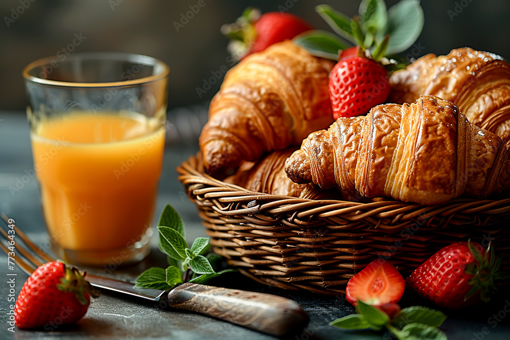 Closeup of delicious freshly baked crispy croissants placed in a wooden basket with orange fresh in a bakery kitchen Closeup of delicious freshly baked crispy croissants placed in a wooden basket with orange fresh in a bakery kitchen