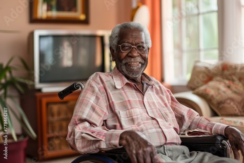 Elderly African American man in a wheelchair smiling happily at home, surrounded by a cozy and warm environment, enjoying a peaceful and relaxing day.