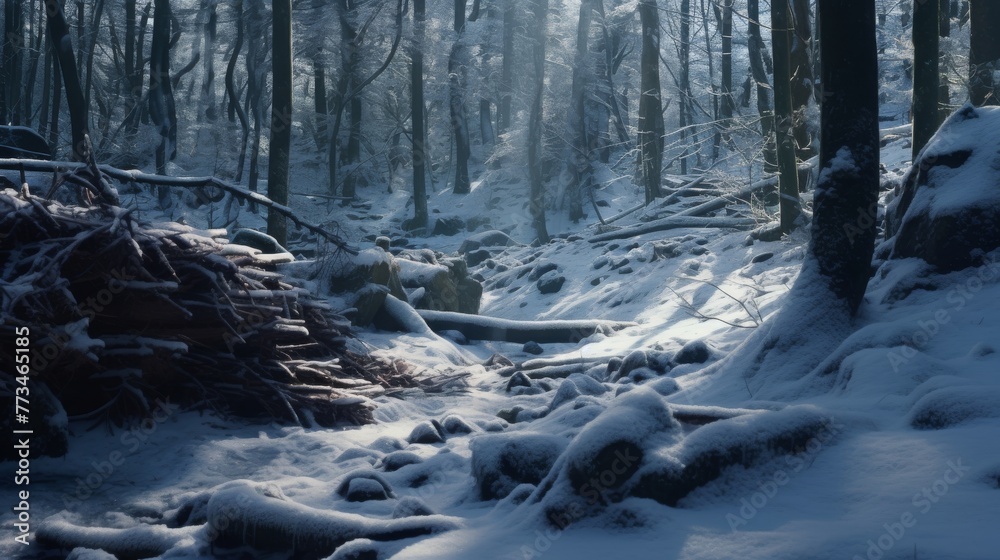 Winter Wonderland Tranquility: Experience the Serene Winter Forest Scene, where Sunlight Filters Through Snow-Covered Trees, Creating a Tranquil Nature Scene that Captivates with its Beauty & Serenity