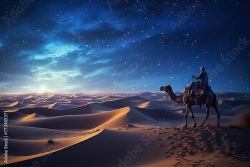 camel with rider against the backdrop of sand dunes in the desert at night photo