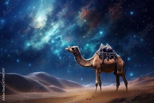 camel in sand dunes in the desert at night with star in sky photo