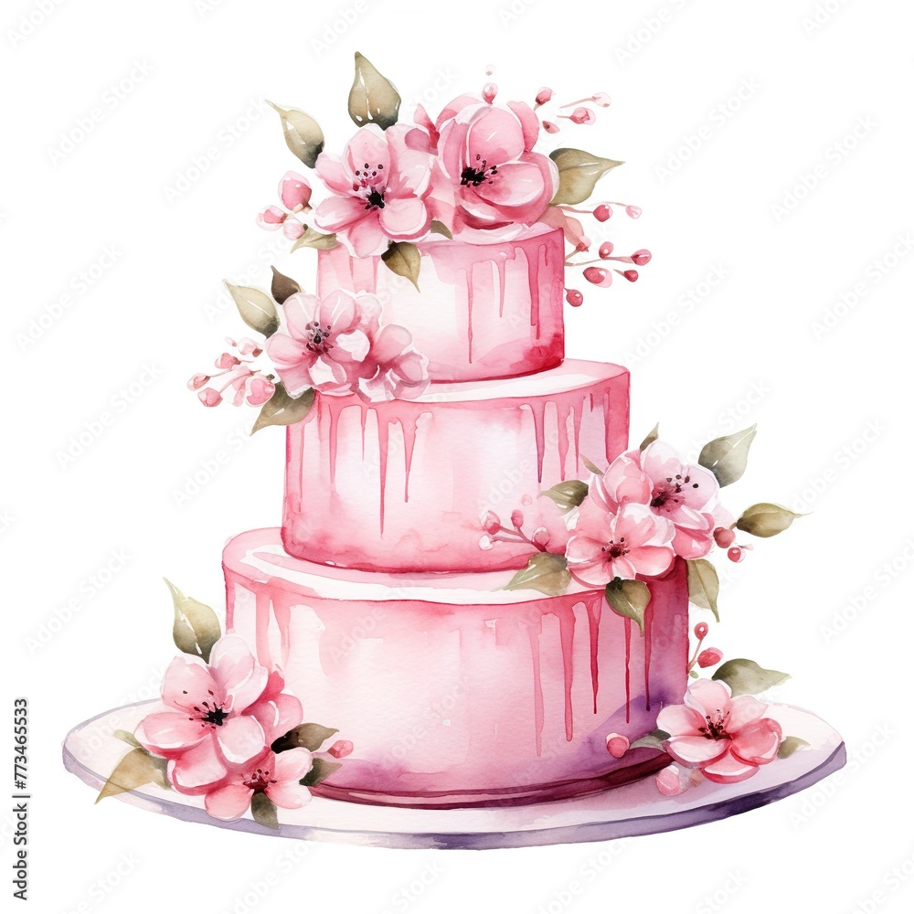 watercolor illustration of delicious pink wedding cake with flowers on white background watercolor illustration of delicious pink wedding cake with flowers on white background