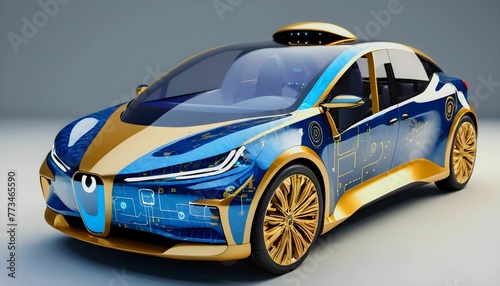Autonomous Vehicle Interface - Front View Digital Car in Blue and Gold - Smart Car Technology created with generative ai