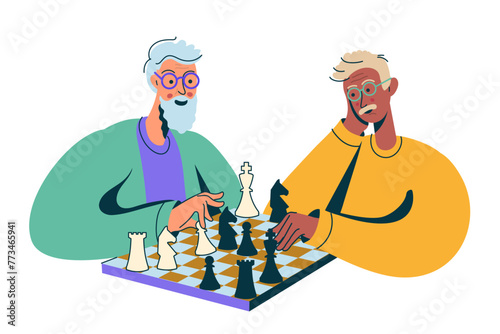 Older men playing chess. Senior friends spending time together. Hobby and leisure time.