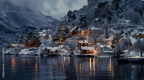 the houses by the lake and the trees with a little snow are all lit up with lamplight.AI generated image