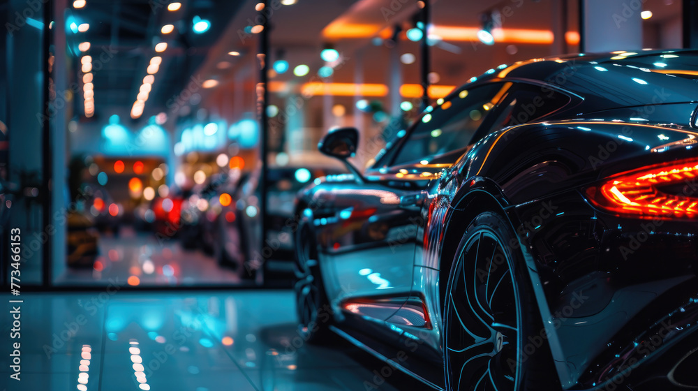 New shiny car in showroom of dealership, modern luxury vehicle for sale. Night reflections and lights background. Concept of shop, store, window, retail, technology.