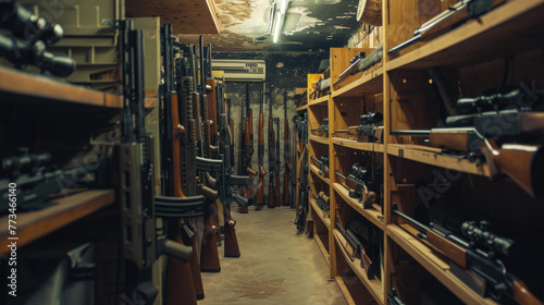 Weapon in old storage, wooden shelves with boxes and guns in warehouse, illegal smuggle arsenal. Concept of war, store, military industry, violence, package