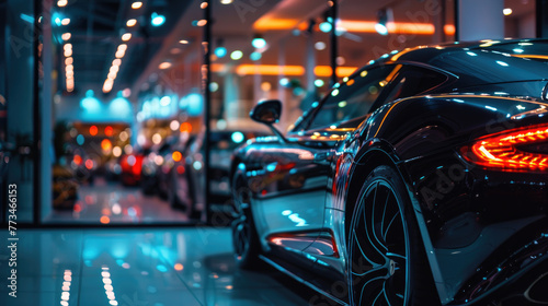 New shiny car in showroom of dealership, modern luxury vehicle for sale. Night reflections and lights background. Concept of shop, store, window, retail, technology.
