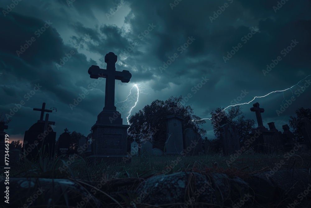 A haunting image of a cross in a cemetery with lightning in the background. Perfect for spooky or supernatural themed projects A haunting image of a cross in a cemetery with lightning in the background. Perfect for spooky or supernatural themed projects