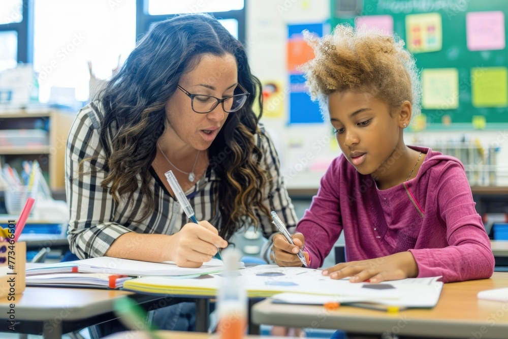 Fototapeta premium A candid photo of a teacher assisting a young student with schoolwork in a classroom.
