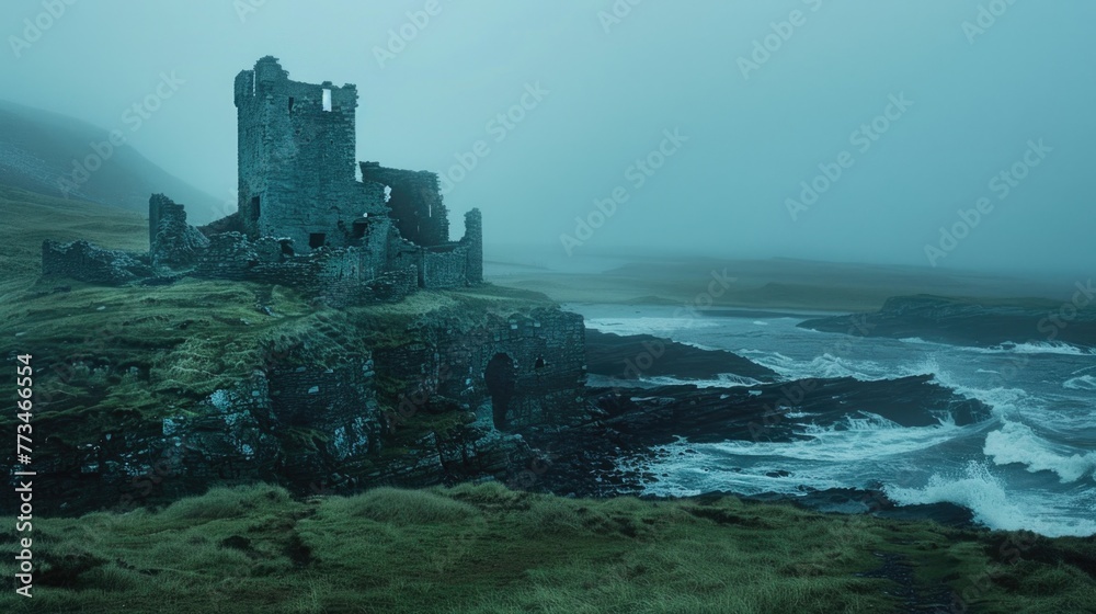 A picturesque castle perched on a cliff overlooking the ocean. Ideal for travel and fantasy themes
