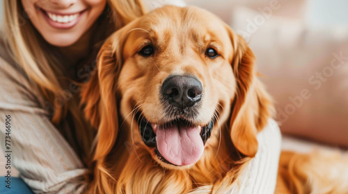 Close up of a woman petting her golden retriever dog in the living room 