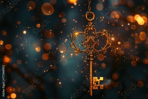 A shiny golden key hanging from a chain. Ideal for concepts of security and access