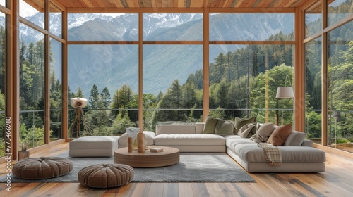 Modern living room with large windows overlooking nature and the surrounding forest.AI generated image © Daisha