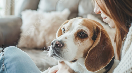Woman Petting Beagle Dog: Close-Up Affection in Living Room