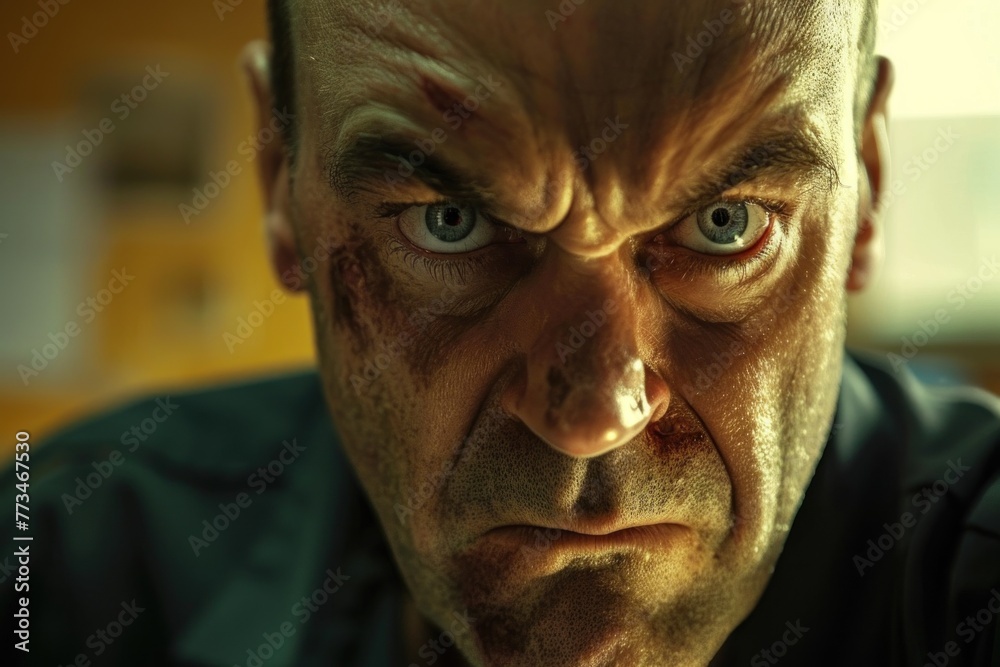 Close-up of a bruised man with a stern look Close-up of a bruised man with a stern look