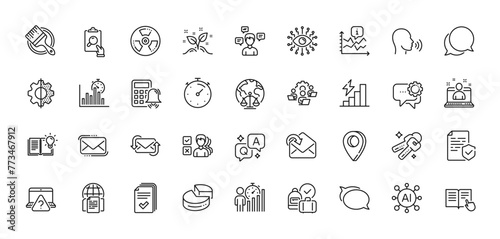 Consumption growth, Talk bubble and Calculator alarm line icons pack. AI, Question and Answer, Map pin icons. Transform, Artificial intelligence, Timer web icon. Vector