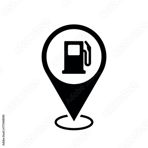 gas station location map pointer, fuel icon with location pin, black symbol isolated on white background, vector marker, gasoline sign