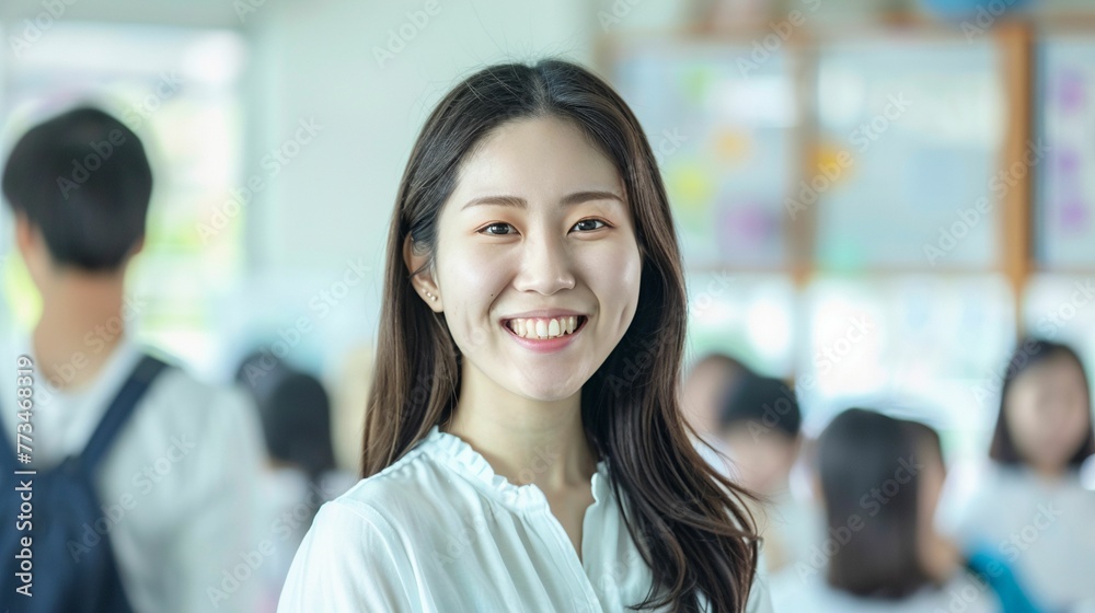 portrait of a smiling asian woman schoolteacher. Classroom background. . For Teachers Day, back to school, design, banner, cover, presentation, advertisement, social media. Life style portrait of a smiling asian woman schoolteacher. Classroom background. . For Teachers Day, back to school, design, banner, cover, presentation, advertisement, social media. Life style