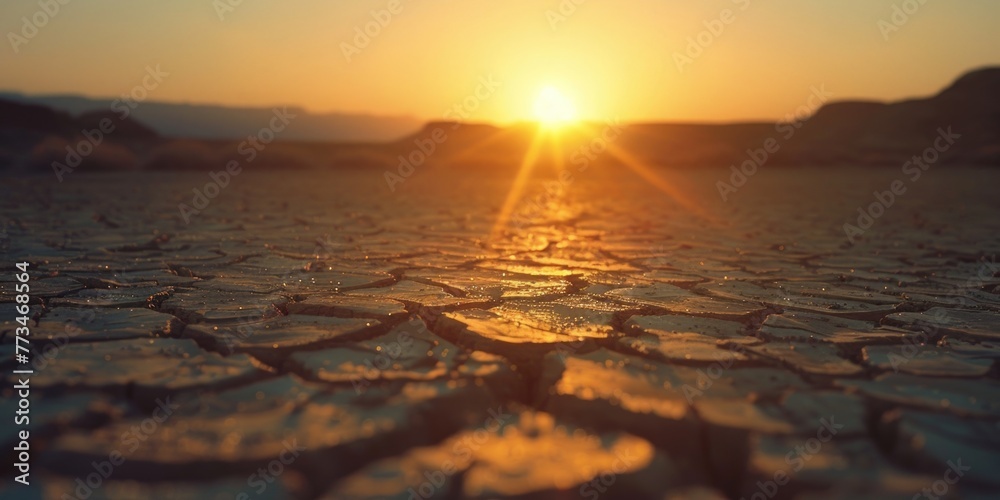 A scenic view of the sun setting over cracked earth. Suitable for environmental themes A scenic view of the sun setting over cracked earth. Suitable for environmental themes