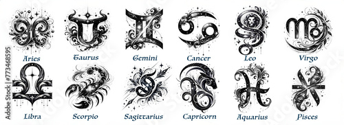 A collection of zodiac sign symbols artistically interpreted as starry, stylish tattoos. Each symbol is ornate with swirling designs and celestial motifs, presented on a clean white background.