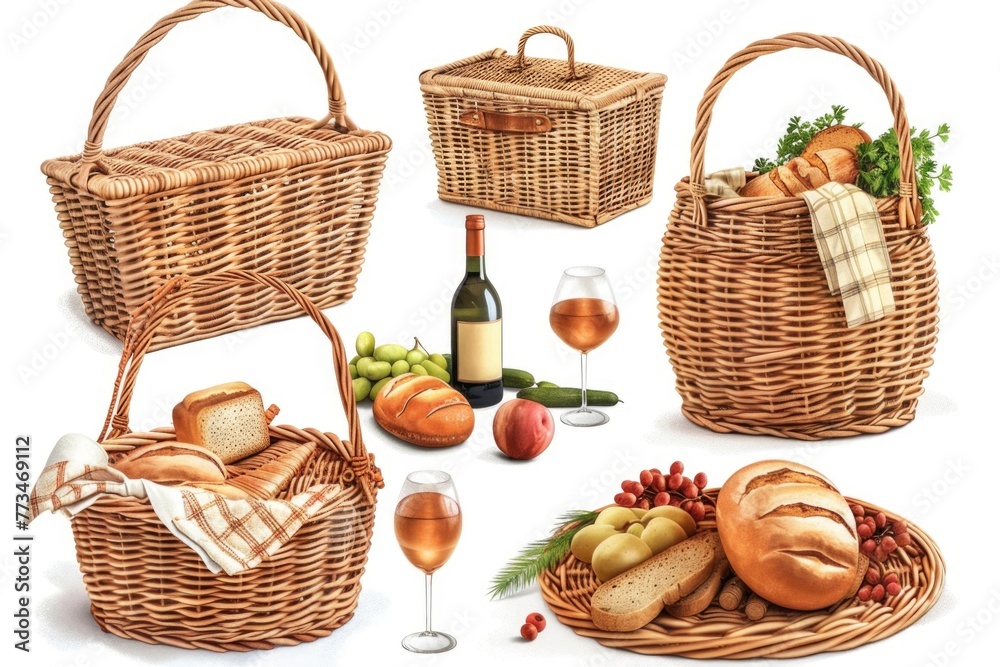 A set of four wicker baskets filled with various food items. Ideal for food and picnic concepts
