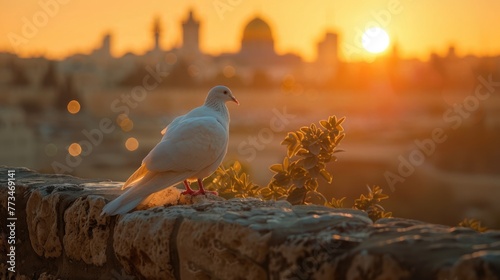 White dove on a wall at sunset overlooking Jerusalem, symbolizing peace, freedom, and history. photo
