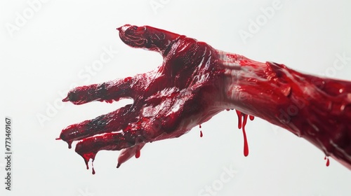 A gruesome image of a bloody hand with blood dripping from it. Suitable for horror or crime themes photo