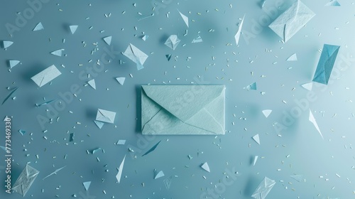 A white envelope surrounded by paper airplanes and confetti. Perfect for celebrations and special occasions photo