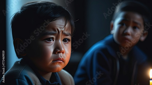 Portrait mongoloid little kid crying and tears. Asian boy have sad emotion and facial expressions. sadness concept