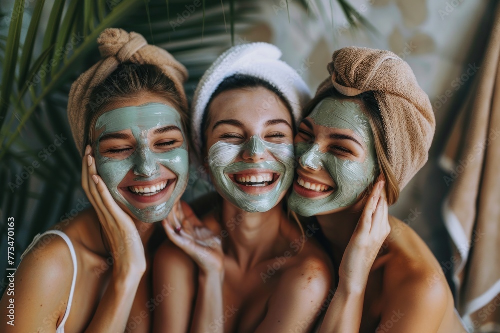 Three women with face masks enjoying a spa day Three women with face masks enjoying a spa day