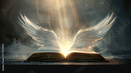An open book with wings flying out of it. Can be used for educational or fantasy concepts