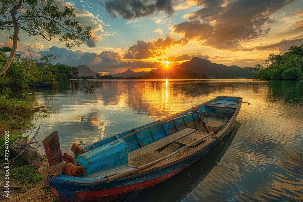 Sunset view with old boat on calm lake - Tranquil scene of a weathered boat on a serene lake as the sun dips behind lush mountains, radiating warm colors