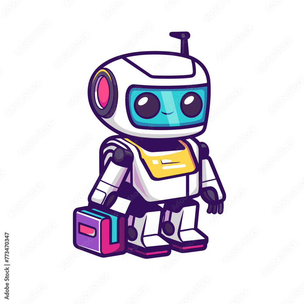 Cute robot with suitcase. Vector illustration. Isolated on white background.