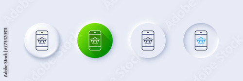 Mobile Shopping cart line icon. Neumorphic, Green gradient, 3d pin buttons. Smartphone Online buying sign. Supermarket basket symbol. Line icons. Neumorphic buttons with outline signs. Vector