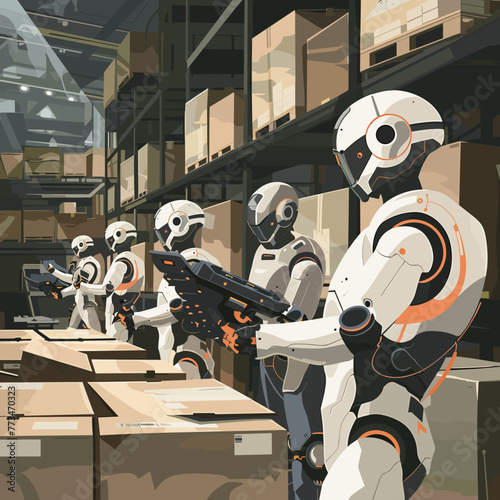 Robot in the warehouse. Vector illustration in a flat style.
