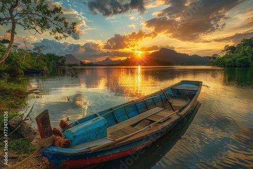 Sunset view with old boat on calm lake - Tranquil scene of a weathered boat on a serene lake as the sun dips behind lush mountains, radiating warm colors