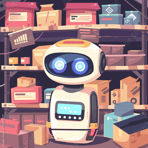 Robot in warehouse. Cartoon illustration of robot in warehouse vector icon for web