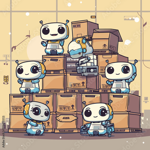 Cute robots with cardboard boxes in warehouse. Vector illustration of cartoon robots.