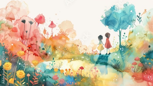 Colorful watercolor scene with children walking - Two children walk hand in hand across a vibrant  watercolor painted bridge surrounded by flora