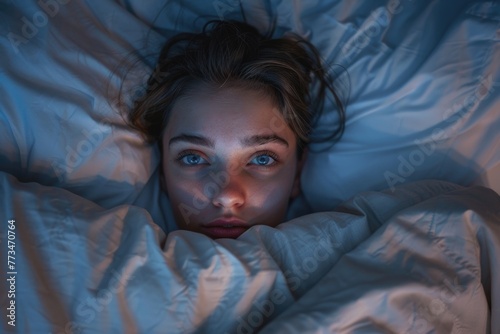 A woman laying in bed with her eyes open. Suitable for illustrating insomnia or sleep disorders photo