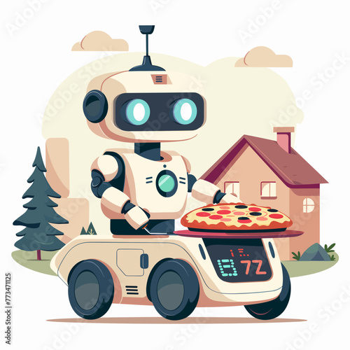 Robot with pizza on the roof of the house. Vector illustration.