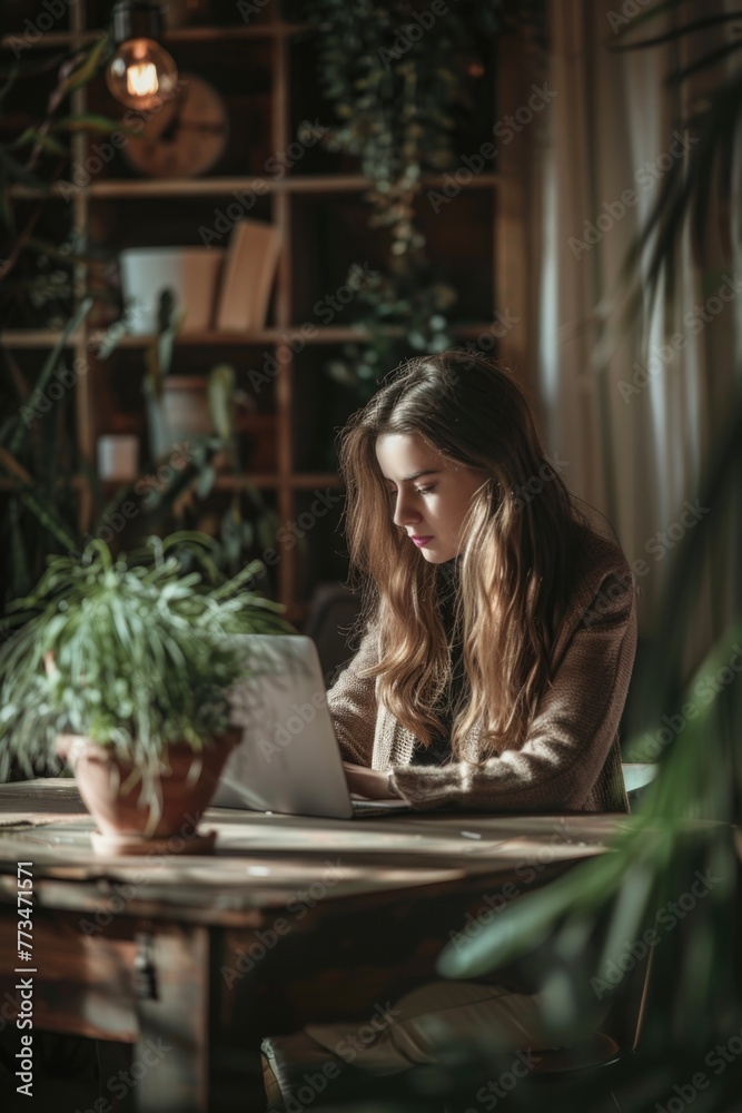 Woman sitting at table with laptop, suitable for business concept Woman sitting at table with laptop, suitable for business concept
